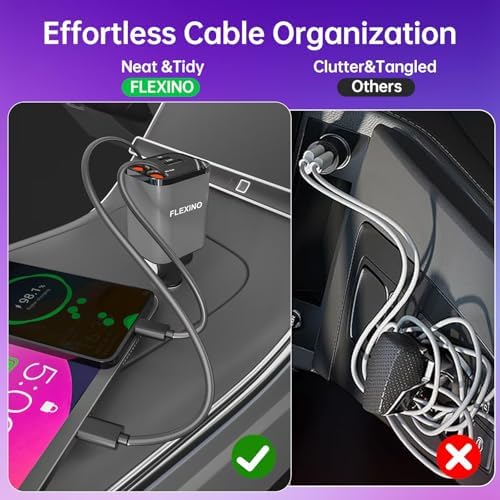 Premium Flexino Compact Retractable Car Charger for i Phone 16 – 69 W Fast Charging with Dual 2.6 ft USB C Cords | Efficient Power Adapter Compatible with i Phone 16/15/14/13/12 Series & Galaxy Devices | Sleek Grey Design for Ultimate Portability and Reduced Cable Clutter