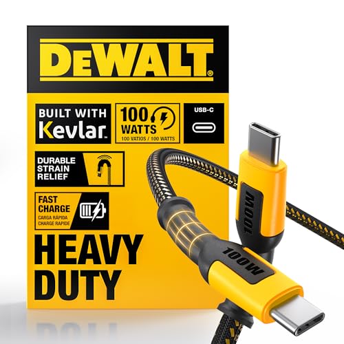 DEWALT Heavy Duty 100 W USB C Cable – 6 ft High-Speed Type-C to Type-C Fast Charging Cord for i Phone 16/15 Pro Max, Mac Book, i Pad & Samsung Galaxy – Enhanced Durability for Jobsite and Home Use with PD Technology