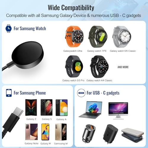 Experience Cutting-Edge Charging with the 25 W Dual USB-C Fast Wireless Charger for Samsung Galaxy Watch Series 4-7 & S22/S23/S24/S25 Ultra/Z Flip 6 – Magnetic Dock, 3.3 ft Cord for Effortless Power Anywhere, Ideal for Home, Office, and Travel. This innovative charging solution features dual USB-C ports for simultaneous device charging, ensuring your Galaxy Watch and smartphone are powered up quickly and efficiently. The 3.3 ft magnetic charging dock offers secure placement, eliminating worries about disconnections. Designed for versatility, this compact charger seamlessly fits into your lifestyle, whether at home, in the office, or on the go. Elevate your charging experience with a sleek design that not only enhances your workspace but also provides the ultimate convenience. Built from high-quality materials for durability, this charger is your perfect companion for fast, reliable charging. Keep your devices ready for action and enjoy a clutter-free charging experience with this essential accessory.