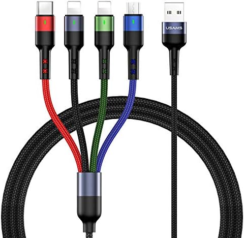 USAMS 2 Pack 10 ft Nylon Braided Multi Charging Cable – 4-in-1 USB Adapter with IP, Type C, & Micro Connectors for Fast Charging Compatibility with i Phone & Android Devices – Durable & Tangle-Free Solution for Home, Office, & Travel