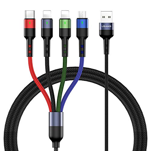 USAMS 2-Pack Nylon Braided 4-in-1 Multi Charging Cable – 4 FT Short USB Charge Cord with Universal Phone, Type C, and Micro USB Connectors for Galaxy S20, S10, S9, S8, S7 and More – Durable, Fast Charging Solution for Home and Travel
