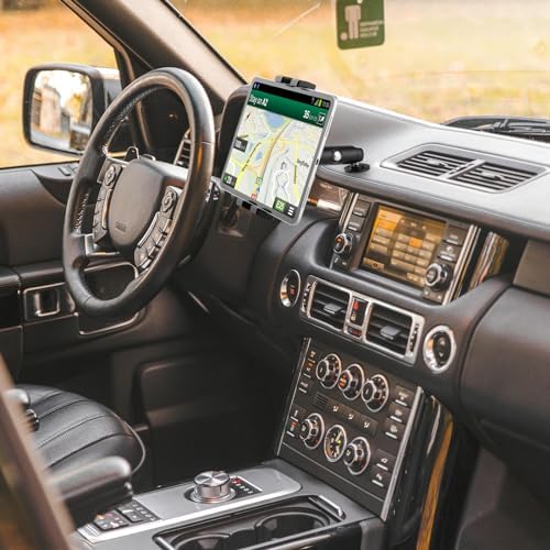 Heavy-Duty Aluminum Tablet Holder with Drill Base for Cars, Trucks, and Boats – Universal Mount for 4″-12.9″ Devices – Enhanced Stability, 360-Degree Rotation, and Large Case Compatibility for Safe Hands-Free Use