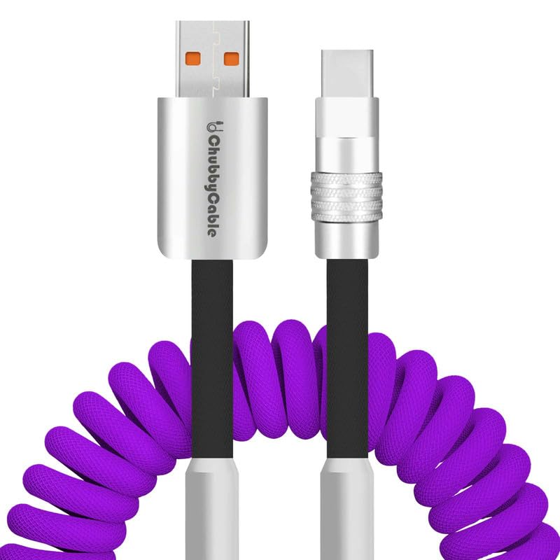 Dynamic Curly Chubby Coiled USB C Cable: 240 W Fast Charge Retractable Spiral Braid Cord for Carplay & Android Auto, Versatile Length 2.29 FT to 3.6 FT, Sleek Black and Red Design, Enhanced Compatibility for All USB-A to Type-C Devices
