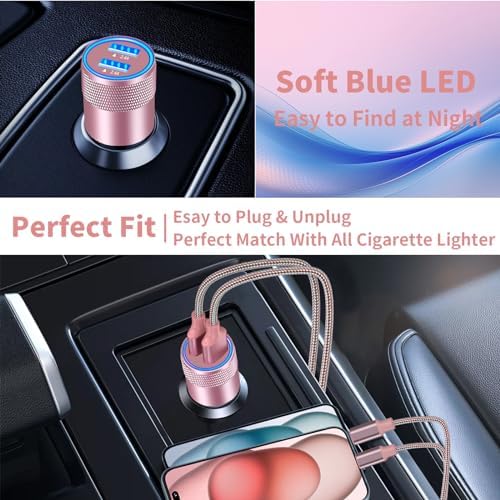 Braveridge 66 W Dual Port USB-C Car Charger for i Phone 16 – MFi Certified Fast Charging with Type-C Braided Cable – Enhanced Compatibility for i Phone 16/16 Pro Max/15/15 Pro/i Pad – Ideal for Road Trips and On-the-Go Power Solutions