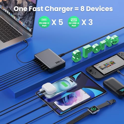 Revolutionary 300 W Ga N IV Technology USB-C Charging Hub – 8-Port Multi-Device Charger for Mac Book Pro/Air, DELL Laptops, i Phone 16/15/14 & Galaxy S25 – Sleek Navy Finish for Enhanced Home & Office Efficiency – Your Premier Solution for Rapid Device Power and Seamless Connectivity