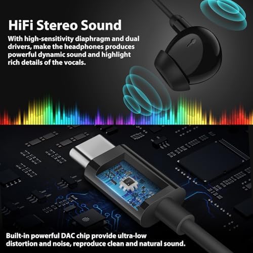 COOYA USB C Hi-Fi Stereo Earbuds – Ultra-Lightweight In-Ear Headphones with Built-In Mic & Volume Control for i Phone 16 Pro Max, i Pad 10, Galaxy A16, S25 Ultra – Ergonomic Design for All-Day Comfort & Exceptional Sound Quality Across Devices