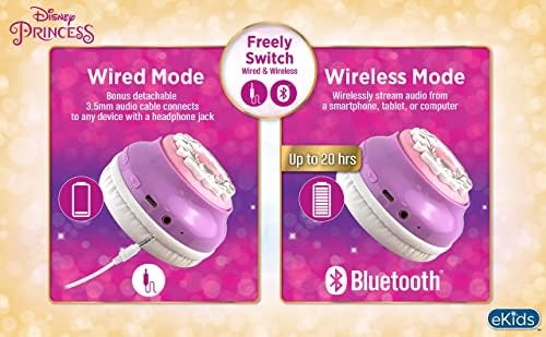 Enchanting Disney Princess Bluetooth Headphones for Kids – Wireless Adjustable Earphones with Built-In Mic and AUX for School, Travel, and Home – Safe Sound Experience for Young Listeners