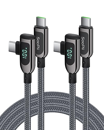 SOOPII 100 W Fast Charging Right Angle USB C to USB C Cable – 6.6 FT Zinc Alloy Braided with LED Display for Enhanced Performance, Compatible with i Phone 16/15, i Pad Air/Pro, Mac Book Pro, Samsung Galaxy S23/S22/S10, Google Pixel & LG Smartphones – Ideal for Gaming & Multitasking