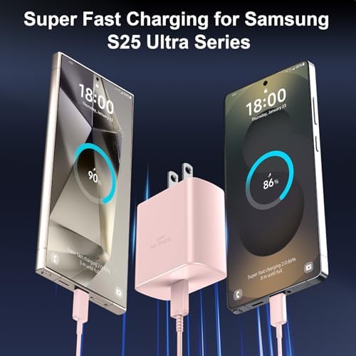 Super Fast 45 W Samsung USB-C Charger with 10 FT Pink Cable – Ultimate Charging Solution for Galaxy S25/S24/S23 Ultra, Stylish & Efficient Power Adapter for Quick Device Boosts and Enhanced Compatibility
