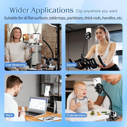 Versatile 360° Gooseneck Clip Phone Holder with Auto-Locking Clamp – Adjustable Arm Lengths for Desk, Treadmill, and Mic Stand – Securely Fits 4-7″ Smartphones for Ultimate Hands-Free Convenience and Enhanced Productivity