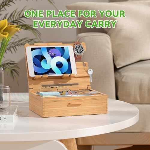 Pezin & Hulin Wooden Nightstand Organizer, Ideal Gifts for Men, Desktop Bamboo Phone Docking Station Box, with Large Drawer, Multi-Device Charging Stand, for Birthday Son Boyfriend Him -Natural – Enhanced Compatibility and Speed