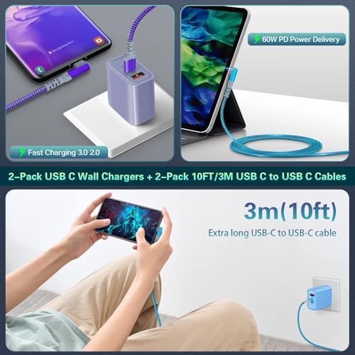 Dual Port Fast Charging Wall Adapter with 10 FT Right-Angle USB C Cable – 20 W USB-C Power Block for i Phone 16/15, Samsung Galaxy S25 Ultra, S24, S23, S10 – Efficient Charging Convenience for Home, Office, and Travel