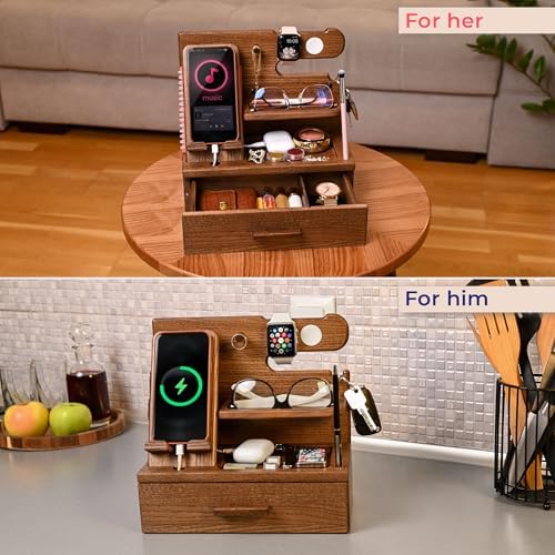 TESLYAR Wood Phone Docking Station with Drawer – Nightstand Organizer – Desk Organizer for Husband – Birthday Gifts for Men, Dad, Anniversary Idea, Key Holder Stand Watch & Accessories (Bourbon Brown) – Enhanced Compatibility and Speed