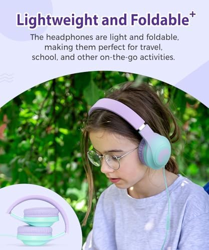 Rockpapa C24 Foldable Kids Headphones with Microphone – Lightweight Wired Audio Solution in Eye-Catching Purple & Green for School, Travel, and Play – Ideal for Young Listeners with Enhanced Compatibility and Superior Portability