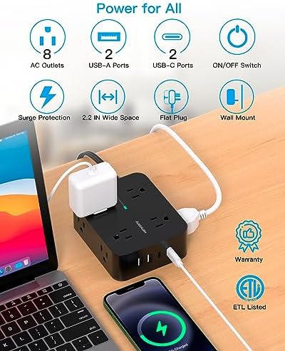 Maximize Your Power Efficiency with HANYCONY 5 Ft Ultra Thin Flat Plug Surge Protector Power Strip – 8 Outlet Extender & 4 Fast-Charging USB Ports (2 USB-C) for College Dorm Room Essentials – 1080 Joules Surge Protection & Wall Mount Design in Sleek Black Finish