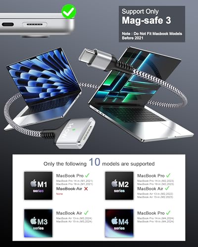 140 W Magnetic USB-C to Mag Safe 3 Charger for Mac Book Pro & Air – 6 Feet Long Fast Charging Cable for Enhanced Performance and Compatibility – Ideal for 16/14 Inch Mac Book Pro and 15/13 Inch Mac Book Air – Durable, Reliable Power Solution for On-the-Go Users