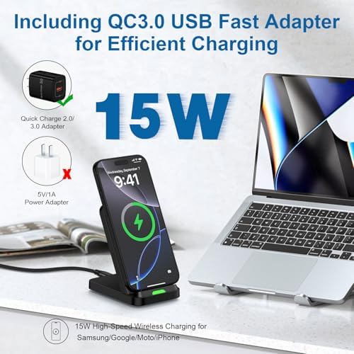 Fast Wireless Charger Stand for Google Pixel 9 A & Samsung Galaxy Series – 15 W High-Speed Charging Dock with Dual Coils for Optimal Viewing and Enhanced Compatibility – Ideal for Desk or Nightstand Use – Safe, Case-Friendly Design with Intelligent Charging Modes for Efficient Power Delivery