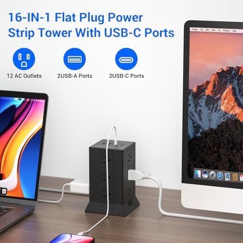 Ultimate Power Strip Tower with 12 AC Outlets & 4 USB Ports (2 USB-C) – 6.5 Ft Flat Plug Extension Cord Surge Protector for Home Office & Dorm Room – Individual Switches for Enhanced Control & Fast Charging, Space-Saving Design, Black