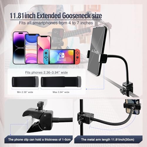 Versatile Adjustable Clip Phone Holder for Desk and Gym – Universal Mount for 4-7” Smartphones with Durable Aluminium Arm for Enhanced Convenience and Productivity – Perfect for Treadmills, Mic Stands, and Home Offices