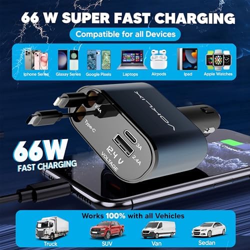 Ultimate 4-in-1 Retractable Car Charger – 66 W High-Speed USB Adapter with 2.6 ft Cables for i Phone 15/14 Pro – Fast Charging, Tangle-Free Design, Dual USB Ports for Multiple Device Compatibility – Ideal Travel Companion for On-the-Go Charging