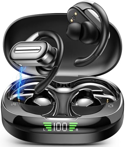 Vibe Haven Bluetooth 5.4 Sports Earbuds: Ultra-Lightweight IPX7 Waterproof Wireless Headphones with Secure Earhooks, Enhanced ENC Noise Cancellation for Superior Call Clarity – Ideal for Active Lifestyles, Intense Workouts, and Daily Commutes – Ergonomically Designed for Comfort and Unrivaled Sound Quality
