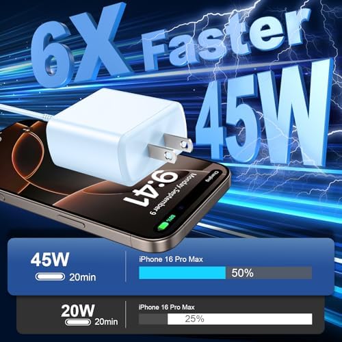 45 W USB-C Super Fast Charger for i Phone 16 & Galaxy Devices – Includes 6.6 FT Type-C Cable for Flexible Power Solutions – Compact & Portable Design for On-the-Go Charging – Advanced Safety Features for Device Protection – Ideal for Rapid Power Demands and Enhanced Device Longevity