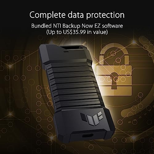 ASUS TUF Gaming A1 External M.2 NVMe SATA PCIe SSD Enclosure – Ultra-Fast USB-C Storage Solution with M.2 Q-Latch, IP68 Waterproof & Dustproof Design, Perfect for PS5 and Xbox Gamers, Enhanced Drop Resistance, Sleek Black Finish for Optimal Performance and Reliability