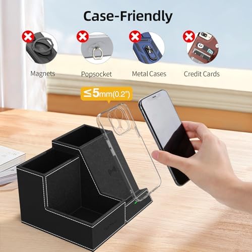 Premium PU Leather Wireless Charging Station & Desk Organizer for i Phones – Fast, Stylish Charging Dock with Integrated Pen Holder – Ideal Gift for Men and Essential Office Accessory in Elegant Black – Boost Productivity & Organize Your Workspace