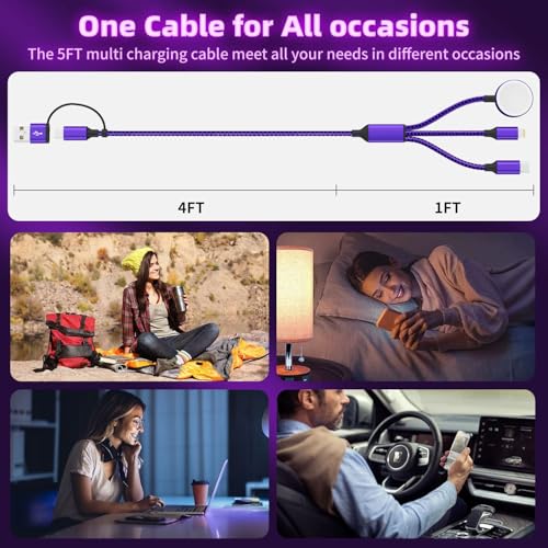 Travel Essentials 3-in-1 Charging Cable for Apple Watch & i Phone | Versatile 5 FT USB A/C to Type C Charger | Fast-Power Solution for Modern Travelers | Ultra-Lightweight & Portable Dual Compatibility | Convenient 2-Pack for Effortless Charging on the Go