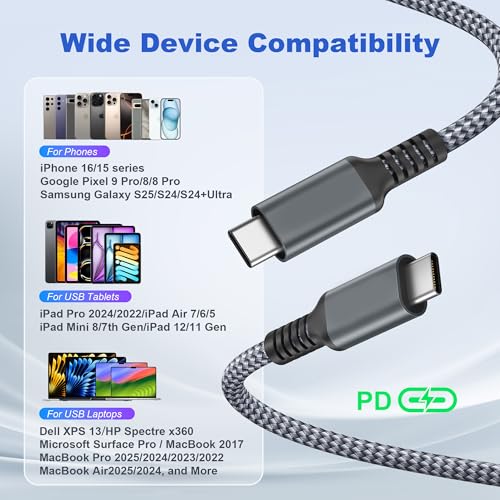 Basesailor 10 ft USB C to USB C Power Delivery Charging Cable – 100 W Fast Charger for i Phone 16/15 Pro Max, Mac Book, i Pad Air 4/5, Mini 6, and Samsung Galaxy S22/S23/S24/S25 – Durable 2 Pack for Enhanced Speed and Efficiency
