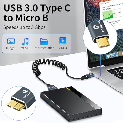 Retractable Coiled USB B to USB C Cable for High-Speed Data Transfer – 5 Gbps Compatibility with Mac, PC, Laptops, MIDI Keyboards, and DJ Controllers – Adjustable Length from 0.75 FT to 3.3 FT for Effortless Connectivity and Organization