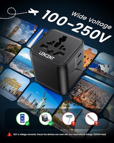 LENCENT 20 W Fast Charging Universal Travel Adapter – Compact International Power Converter with Dual USB and USB Type-C Ports – Ultimate Solution for Worldwide Device Charging in USA, UK, EU, and AUS (Black) – Reliable and Safe Charging for Global Explorers