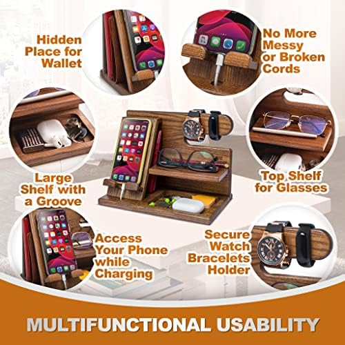 TESLYAR Wood Phone Docking Station for Men – Desktop or Nightstand Organizer – Birthday Gifts for Men, Dad – Anniversary Idea from Wife – Key Holder, Stand Wallet, Watch & Essentials (Antique Brown) – Enhanced Compatibility and Speed