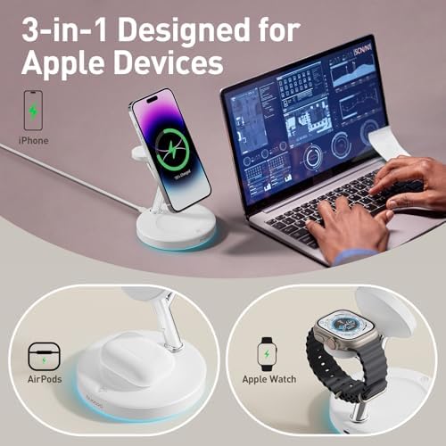 2025 Premium 3-in-1 Wireless Charging Station for i Phone 16, 15, 14, 13, 12 – Mag-Safe Compatible Charger Stand for Air Pods and i Watch – Fast, Efficient Power Hub with Sleek Design and Overcharge Protection for Home or Travel
