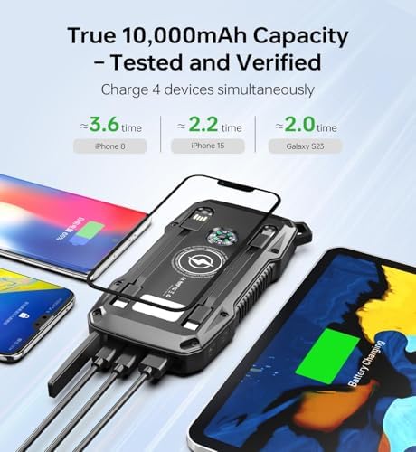 10,000 m Ah Solar Power Bank with Motion Sensor Alarm – 22.5 W Dual USB-C Fast Charging, Waterproof & Rugged for Outdoor Adventures – Includes LED Flashlight & Essential Cables for Hiking, Camping, and Emergencies