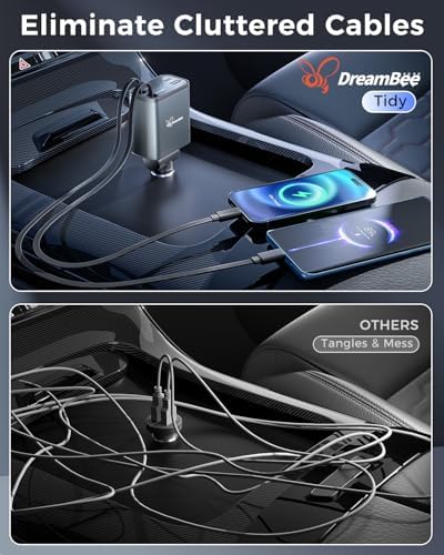 Ultimate Retractable Car Charger PT-27: 4-in-1 Fast Charging Adapter with Dual USB Ports & 31.5-Inch Cables for i Phone & Samsung – Compact, Tangle-Free Power Solution for On-the-Go Connectivity