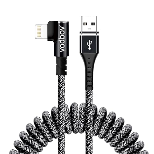 Tangle-Free Coiled i Phone Charger Cord (2-8 ft) – Zebra Black Right Angle Design for i Phone 14/13/12 Pro, Plus & Max – Fast Charging & Enhanced Compatibility for Effortless Device Powering