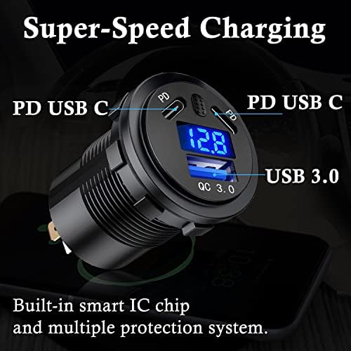 BATIGE Premium 3-Port Car Charger Socket with Dual 45 W PD Type C & 18 W QC 3.0 – Waterproof Fast Charging Adapter for 12 V/24 V Vehicles, Featuring Voltmeter & Power Control Button – Ultimate Solution for Cars, Trucks, Boats, and Motorcycles