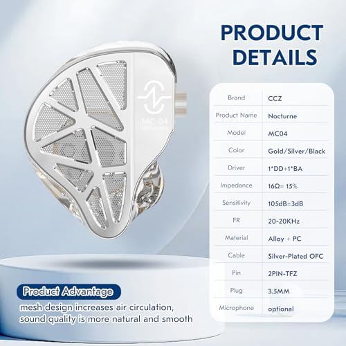 CCZ Nocturne Hybrid Driver IEM Earbuds – Superior Bass-Enhanced Wired Monitors for Immersive Gaming & Studio Excellence with Integrated Mic – Ergonomically Engineered for Musicians & Gamers – Unmatched Audio Precision & Comfort. Experience a revolutionary soundscape with our innovative hybrid driver technology featuring 1 Dynamic and 1 Balanced Armature Driver, delivering an extraordinary audio experience that combines lush bass and crystal-clear highs. Designed for prolonged wear, these earbuds ensure comfort during lengthy sessions, making them ideal for both professional studio work and intense gaming marathons. The built-in microphone facilitates seamless communication, enhancing your gaming and recording capabilities. Compatible with a wide range of devices, the CCZ Nocturne earbuds redefine auditory engagement, ensuring each note resonates with clarity and depth. Crafted from durable materials for longevity, these earbuds promise to elevate your listening experience while enduring the rigors of daily use. Discover the ultimate combination of quality and comfort with CCZ Nocturne, where every beat is a masterpiece.