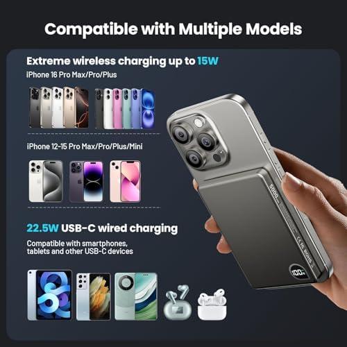 Ultra-Slim 5000 m Ah Magnetic Power Bank with Built-In USB-C Cable – 22.5 W Fast Charging Solution for i Phone 16/15/14/13, Samsung Galaxy, and Android Devices – Lightweight Design, Smart Thermal Regulation, and Universal Compatibility for Effortless On-the-Go Charging