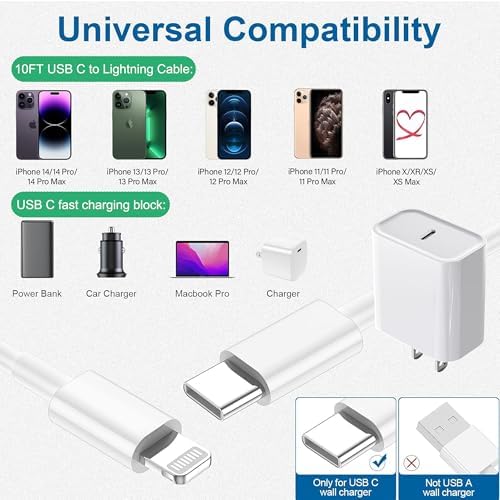 Apple MFi Certified 20 W PD Wall Charger with 3 FT USB C to Lightning Cable – Ultra-Fast Charging Solution for i Phone 14 Pro Max, 14, 13 Mini, 12, 11, XR, XS Max, i Pad Air 3, and Air Pods – Compact & Travel-Friendly Design for Enhanced Device Compatibility and Efficiency