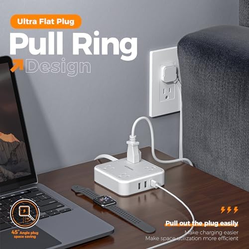 TESSAN Compact Flat Plug Surge Protector Power Strip with 4 AC Outlets and 3 Fast-Charging USB Ports – 5 ft Extension Cord for Office, Dorm, and Travel – 900 J Surge Protection for Enhanced Device Safety and Clutter-Free Organization