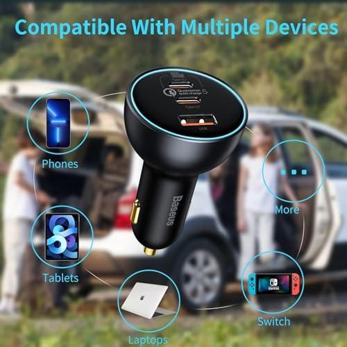 160 W Baseus USB-C Car Charger – Triple-Port Fast Charging Adapter with QC5.0, PD3.0 & PPS for i Phone 15/14/13 Pro, Samsung S22, i Pad & Mac Book Pro – Ultimate Compatibility & Efficiency for Road Trips and Daily Commutes