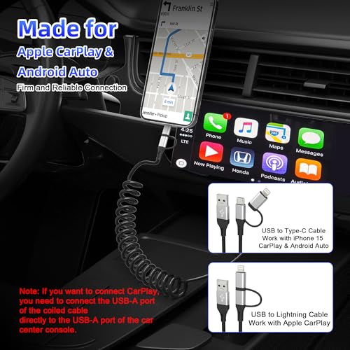 Versatile Coiled USB to USB-C & Lightning Cable Combo for i Phone and Android – MFi Certified Fast Charge & Data Sync up to 3 A – Tangle-Free Design for Apple Car Play & Android Auto Compatibility – Durable, High-Quality Charging Solution for Seamless Connectivity on the Go