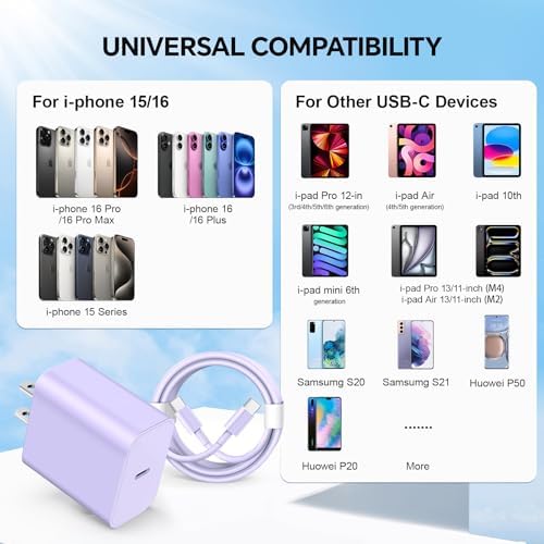 Lightning-Fast 20 W USB-C Wall Charger & 10 FT Cable for i Phone 15/16/Plus/Pro Max – Sleek Pink-Blue Power Adapter for Ultimate Charging Performance and Versatile Use