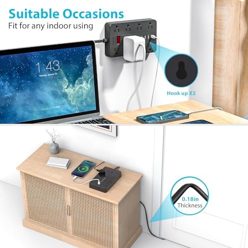 Compact Surge Protector Power Strip with 8 Outlets & 6 USB Ports – AOFO 5 ft Flat Extension Cord for Travel, Office & Dorm – Durable Design with USB-C Fast Charging, Enhanced Safety & Space Efficiency