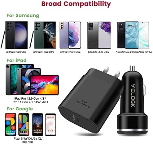 VELOGK 25 W PD PPS Super Fast USB-C Charging Kit: High-Speed Wall & Car Charger for Samsung Galaxy S25/S24/S23 Ultra/S23+/S23/S22/S21/S20/Plus/Note 20 & i Pad Pro – Includes 2 Durable 3.3 ft Nylon C-to-C Cables for Optimal Performance and Safety