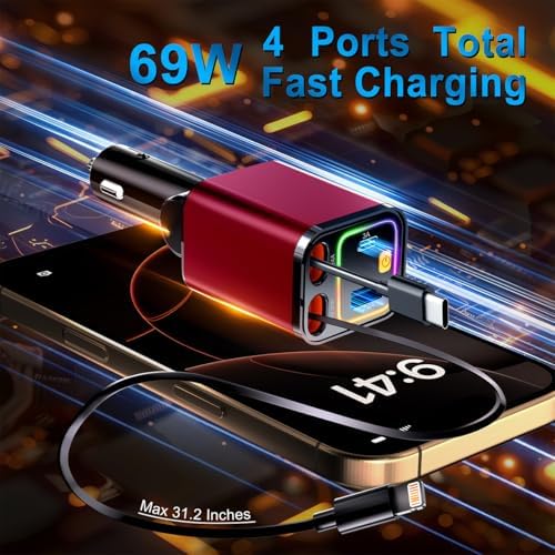 Revolutionary 2025 Micro-Version 4-in-1 Retractable Car Charger – 69 W Fast Charging USB C Adapter for i Phone 16/15/14/13, Samsung Galaxy, i Pad, Pixel – Ultimate Convenience with Tangle-Free Design and Enhanced Compatibility for All Your Devices