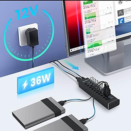 Enhance Your Workspace with the Rosonway Aluminum 10-Port USB 3.0 Hub – High-Speed Data Transfer, 36 W Power Adapter & Individual On/Off Switches for Ultimate Control – Perfect for Home and Office Connectivity