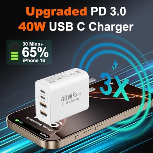 Ultimate 40 W Multiport USB-C Fast Charger – High-Efficiency 4-Port Power Adapter with Quick Charge 3.0 & Power Delivery for Super-Fast Device Charging – Sleek, Portable Design Perfect for Travel – Convenient 2-Pack for Enhanced Versatility and Easy Charging on the Go